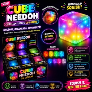 Jucărie Antistres Squishy Tip NeeDoh cu Lumini LED – Cub Senzorial Moale, Elastic, Multicolor - Img 2