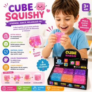 Jucărie Squishy Cub cu Sclipici 6 x 6 x 6 cm – Antistres, Culoare Aleatorie - Img 2
