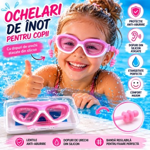 Ochelari de Inot Copii cu Dopuri de Urechi din Silicon, Anti-Aburire, Roz Alb, Reglabili - Img 2