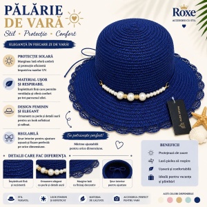 Pălărie Damă Albastru Regal de Vară cu Bor Lat și Perle Decorative - Img 2