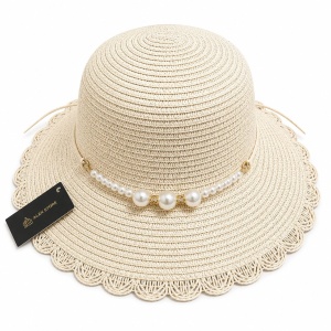 Pălărie Damă Crem de Vară cu Bor Decorativ, Perle Elegante și Margine Dantelată