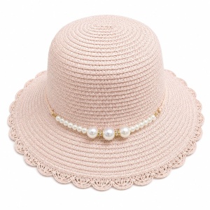 Pălărie Damă Roz Pudrat de Vară cu Perle Decorative – Bor Lat, Reglabilă și Elegantă