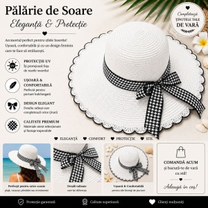 Palarie de Soare pentru Femei Alba cu Fundita Neagra Eleganta – Model Chic de Vara - Img 2