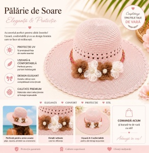 Palarie de Soare pentru Femei, Roz Pudrat, cu Floricele Decorative, Boruri Largi, Design Elegant - Img 2