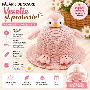 Palarie de Vara Roz pentru Copii, cu Design Pinguin si Protectie UV - Img 2