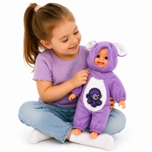 Papusa bebelus 35cm care rade, costum mov cu gluga, jucarie copii - Img 2