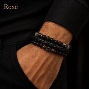 Set format din 3 bratari reglabile barbati cu impletitura si margele negre Roxe - Img 3