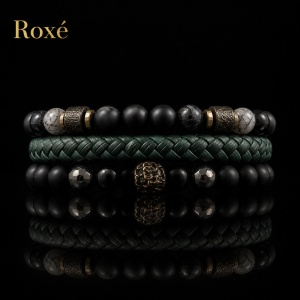 Set format din 3 bratari reglabile barbati margele negre texturate si design impletit verde Roxe - Img 2