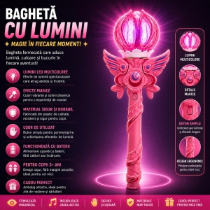 Baghetă magică cu lumini LED, roz 38 cm – jucărie copii cu efecte luminoase - Img 3