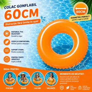 Colac Gonflabil Portocaliu 60 cm pentru Copii și Adulți – Colac de Înot PVC pentru Piscină, Mare și Lac - Img 2