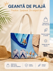 Geantă de Plajă cu Design Estival și Scoici – Tote Spațioasă pentru Vară - Img 2