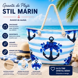 Geantă Mare de Plajă cu Ancore și Flori Albastre – Geantă Stil Marin cu Mânere din Sfoară - Img 2