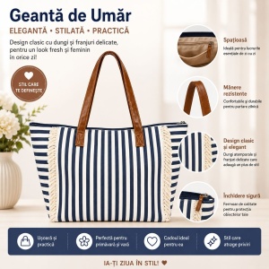 Geantă Mare de Plajă cu Dungi și Mânere Tip Piele – Elegantă, Spațioasă și Practică - Img 2
