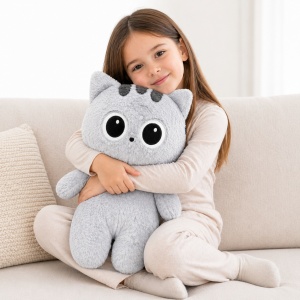 Jucărie de pluș pisică gri 80 cm – pluș moale, design adorabil cu ochi mari - Img 2