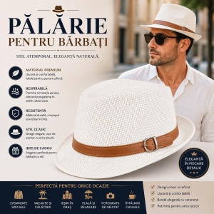Pălărie Albă pentru Bărbați cu Bandă Maro și Cataramă – Elegantă și Respirabilă - Img 2