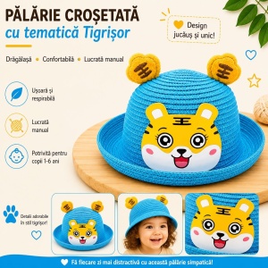 Palarie crosetata copii cu tigrisor vesel albastru, lucrata manual - Img 2