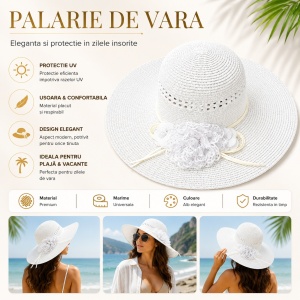 Palarie de vara alba eleganta cu floare decorativa pentru plaja si tinute feminine - Img 2