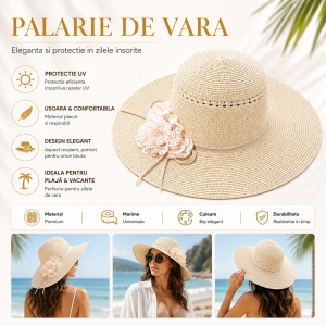 Palarie de vara eleganta bej cu floare decorativa pentru plaja si vacante - Img 2