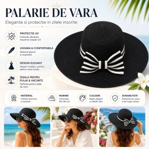 Palarie de Vara Eleganta pentru Femei, Neagra cu Fundita Contrastanta si Bor Lat - Img 2