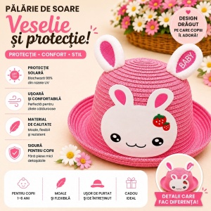 Palarie de Vara Roz Intens cu Iepuras pentru Copii, Protectie UV si Design Dragut - Img 2