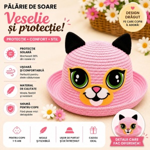 Palarie de Vara Roz pentru Copii, cu Design Pisicuta si Protectie UV - Img 2