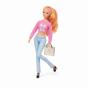 Papusa fashion cu accesorii, tinuta casual moderna cu pantaloni, geanta inclusa, 33x14x5.5 cm