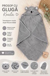 Prosop cu Glugă pentru Copii și Bebeluși Gri – Model Koala, Moale și Absorbant - Img 3