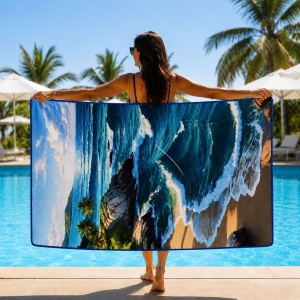 Prosop de Plajă cu Peisaj Tropical și Valuri Oceanice 88x180 cm – Design Exotic - Img 2