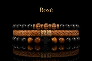 Set format din 3 bratari reglabile barbati margele negre maro si design impletit maro Roxe - Img 2