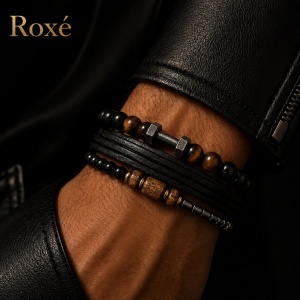 Set format din 3 bratari reglabile barbati margele negre si maro design modern Roxe - Img 3