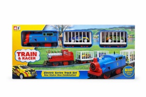 Set tren electric albastru cu locomotiva, vagoane si masini pullback, 27.5 cm - Img 2