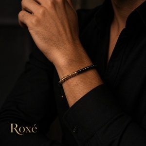 Bratara reglabila barbati Roxe margele negre fatetate aurii design elegant - Img 3