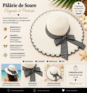 Palarie de Soare pentru Femei Alba cu Fundita Neagra Eleganta – Model Chic de Vara - Img 2