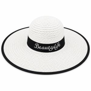 Palarie de vara dama alba cu banda neagra si protectie UV pentru plaja