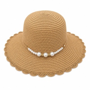 Palarie de Vara Eleganta pentru Femei, Bej cu Perlute Decorative si Bor Decupat