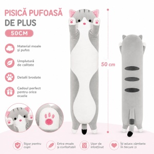 Pisică de pluș gri 50 cm – jucărie moale și pufoasă pentru copii, pernă decorativă - Img 2