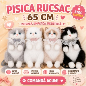 Pisica de Plus Tip Rucsac, 65 cm, Model Pufos cu Guler Elegant, Jucarie Moale pentru Copii - Img 2