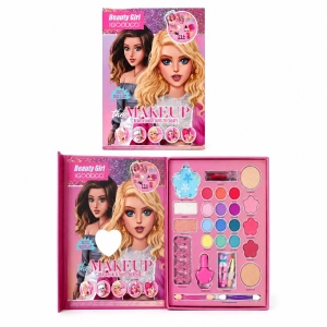 Trusa machiaj pentru fetite, set beauty cu farduri colorate, ruj si accesorii creative