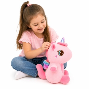 Unicorn de plus 30cm roz cu corn stralucitor si detalii decorative, jucarie moale copii - Img 3
