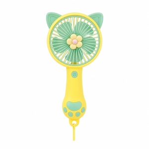 Ventilator portabil pentru copii, reincarcabil USB, 3 trepte viteza, design pisica, galben verde