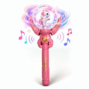 Bagheta magica interactiva pentru copii cu lumini si sunete, rotire, model ponei, roz, 36 cm - Img 2