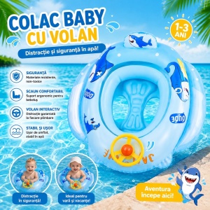 Colac Baby Gonflabil cu Volan și Scaun Integrat, Model Rechin, 1-3 Ani – Colac pentru Bebeluși - Img 2