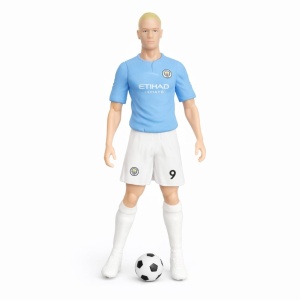Figurina de colectie fotbalist cu minge, echipament albastru, 25 cm