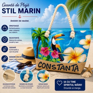Geantă de Plajă mare, model Cu Tucan – Tote Tropicală cu Mânere din Sfoară - Img 2