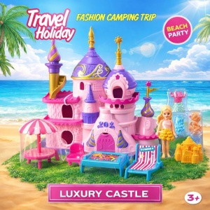 Jucarie castel pentru fete cu papusa si accesorii camping, haine incluse, 21 cm - Img 2