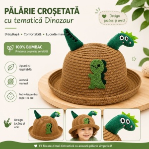 Palarie copii cu dinozaur verde, crosetata manual, bumbac, model maro - Img 2