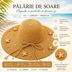 Palarie de Soare Bej cu Flori Decorative si Perlute pentru Plaja si Vacante - Img 2