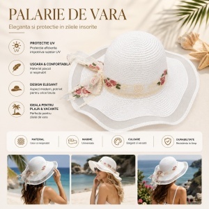 Palarie de Vara Alba pentru Femei cu Panglica Florala si Bor Ondulat Elegant - Img 2