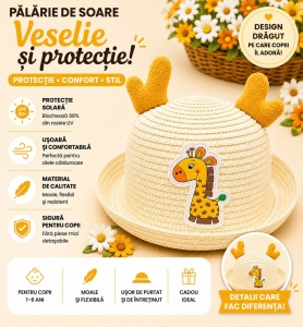 Palarie de Vara Bej Deschis pentru Copii cu Girafa, Protectie UV si Design Vesel - Img 2