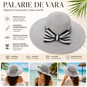 Palarie de vara dama gri cu funda eleganta in dungi si protectie UV pentru plaja - Img 2